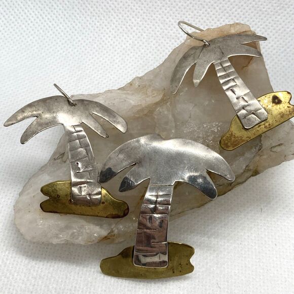 Vintage Palm Trees Sterling Silver 925 & Brass Matching Earring Brooch Set 9g - Picture 1 of 10